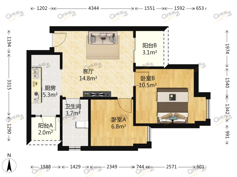 清江美庐 2室 1厅 61.27平米