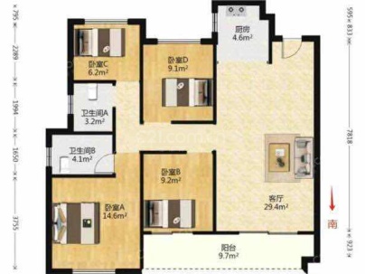 双桥小区 4室 1厅 131平米