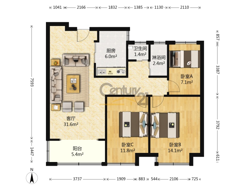 金地明悦 3室 1厅 91.09平米