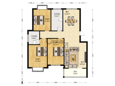 青山家园 3室 2厅 121.44平米